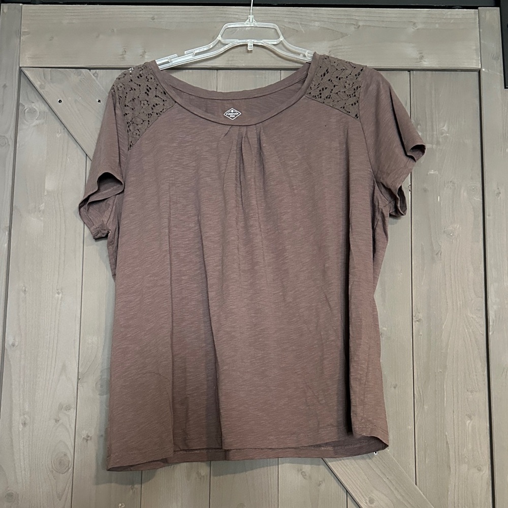 St. John's Bay Brown Short Sleeve Top with Lace Accents